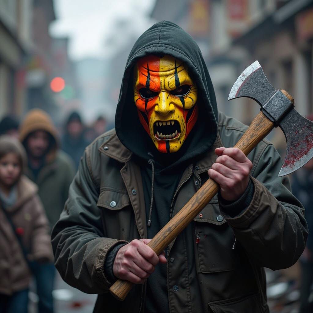 Menacing Masked Figure with Axe in Horror Scene
