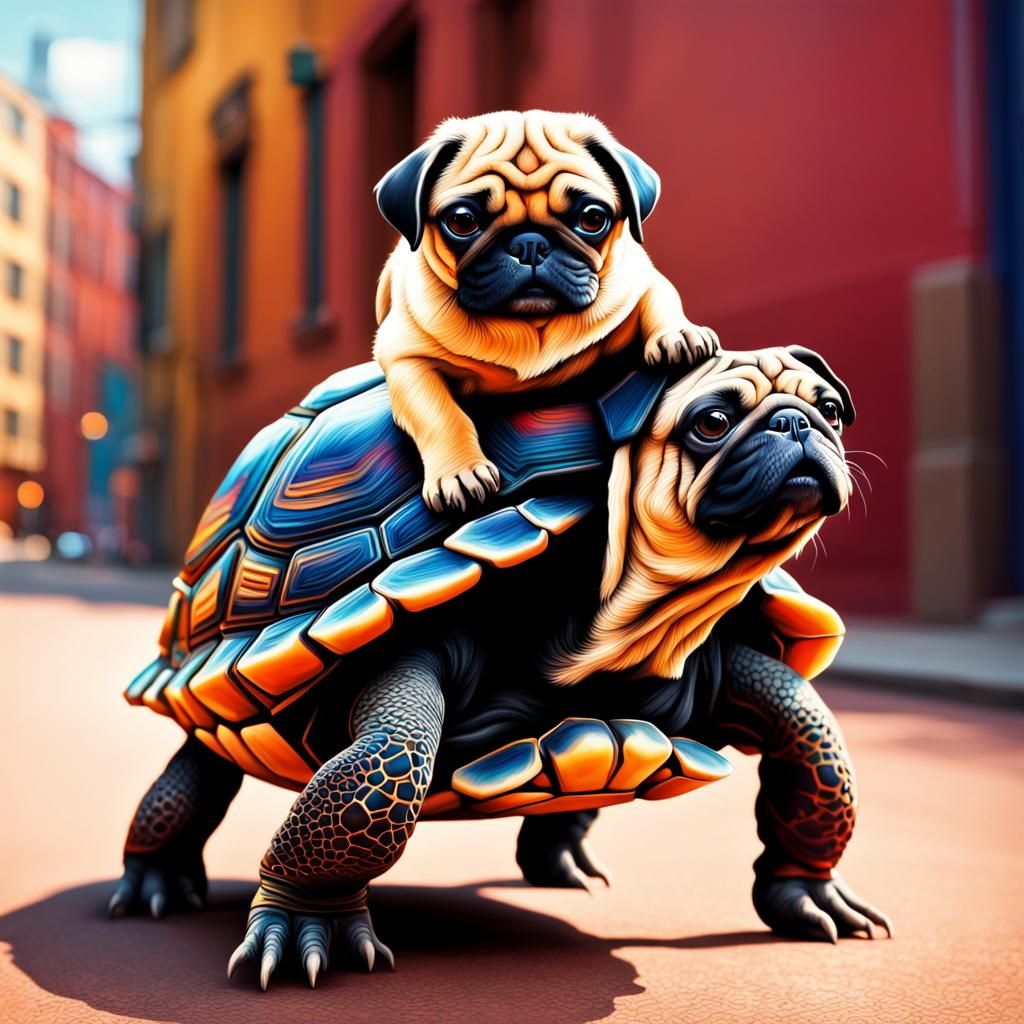 Hyperrealistic Tortoise and Pug Splash Art