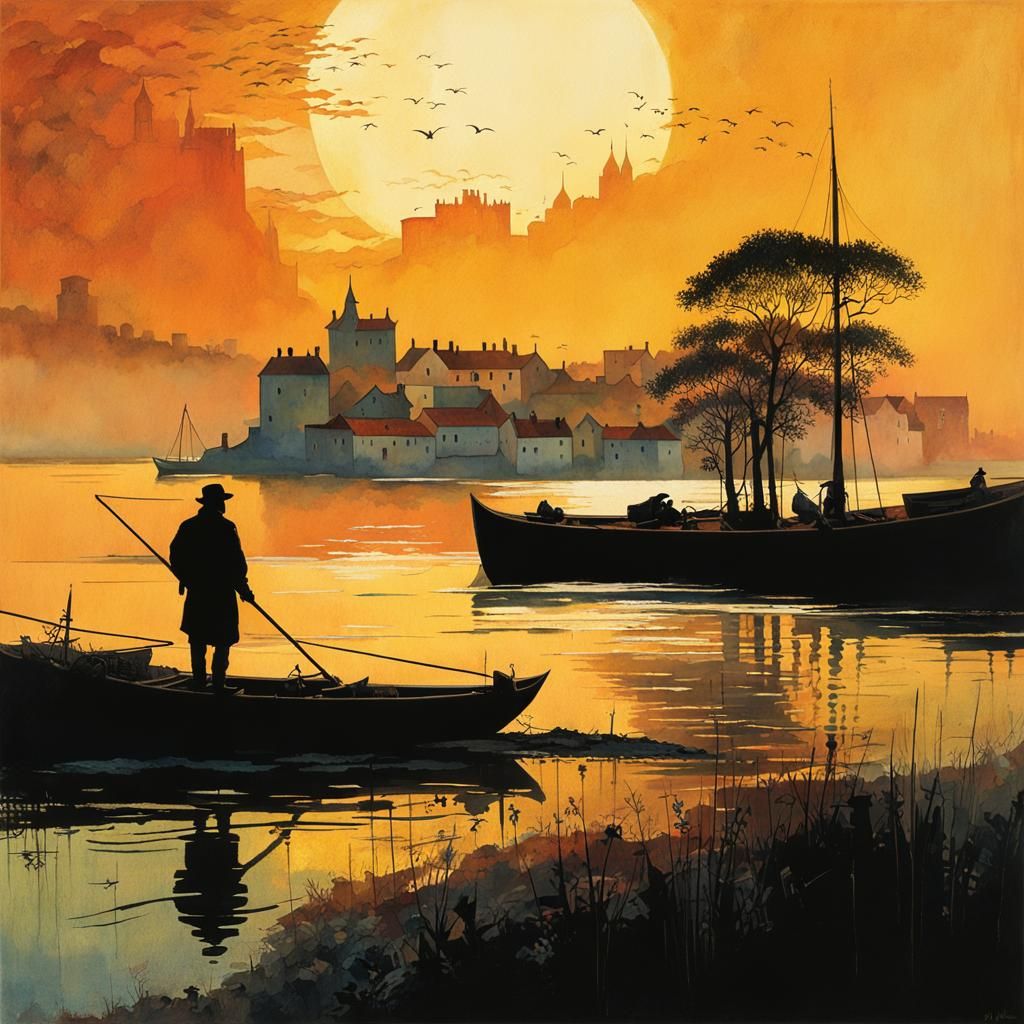 Fisherman at Dawn Near Medieval Port Town