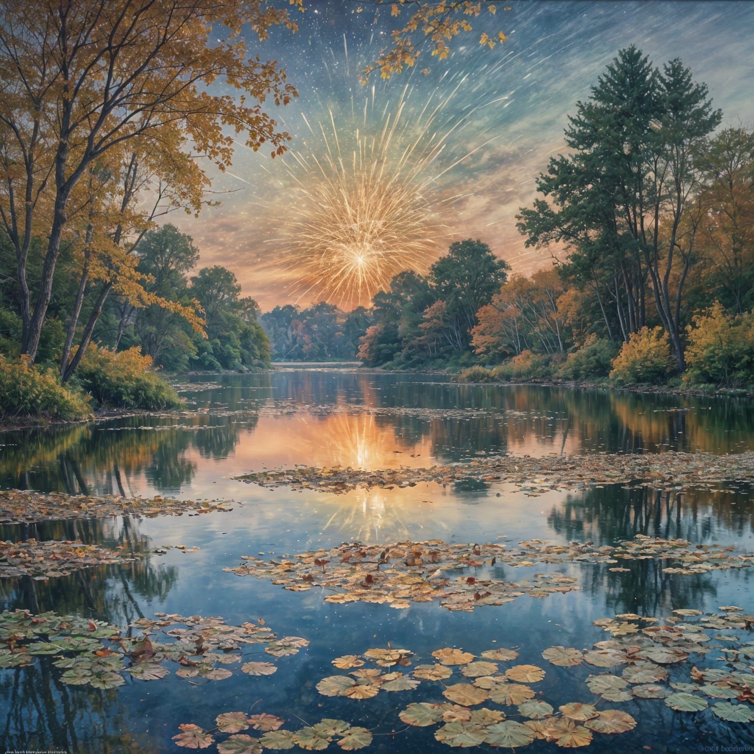 Autumn Fireworks Display Over Reflective Lake