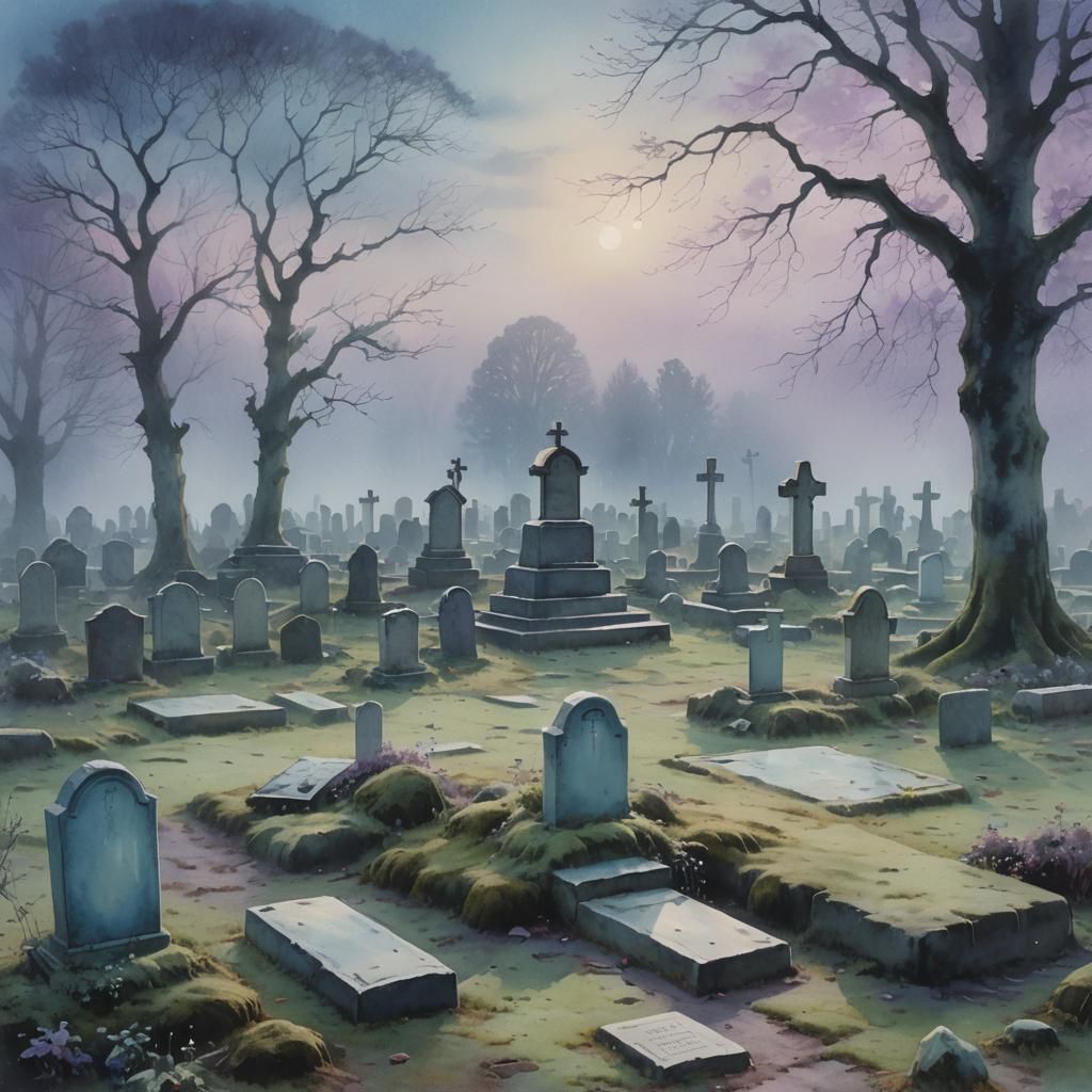Ghost in Cemetery at Dawn: Watercolour Pastel Painting
