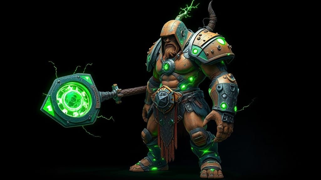 Cybernetic Barbarian Confronts Terracotta Golem in Dark Cosm...