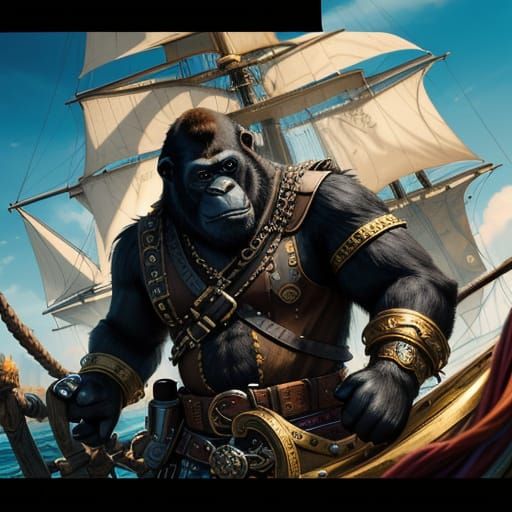 Pirate Gorilla at the Helm: Hyperreal Cartoon Art