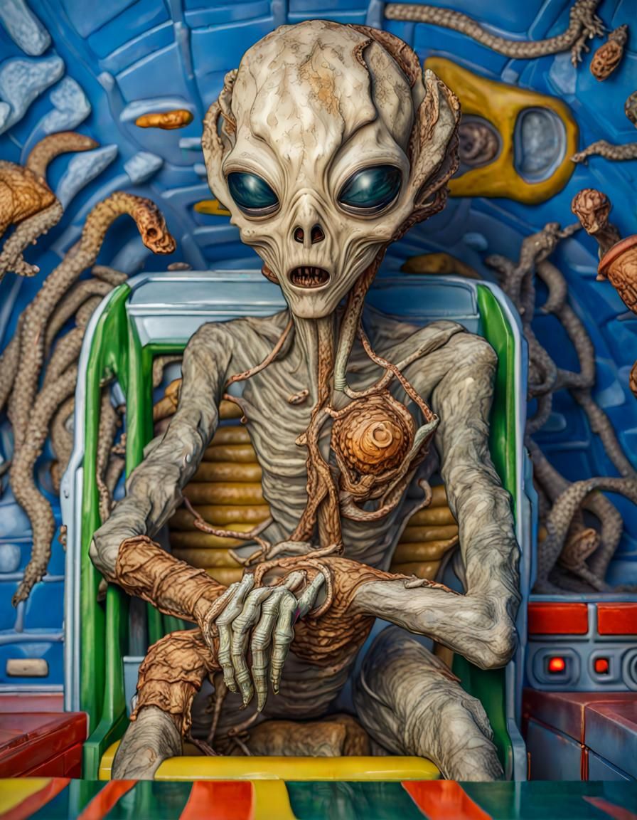 mummified alien creature with a dried-up trichocereus pachanoi in its arms in the cockpit of the spaceship, 3D, porcelai...