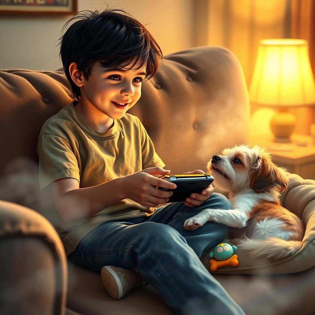 Joyful Boy Plays Video Game with Loyal Dog