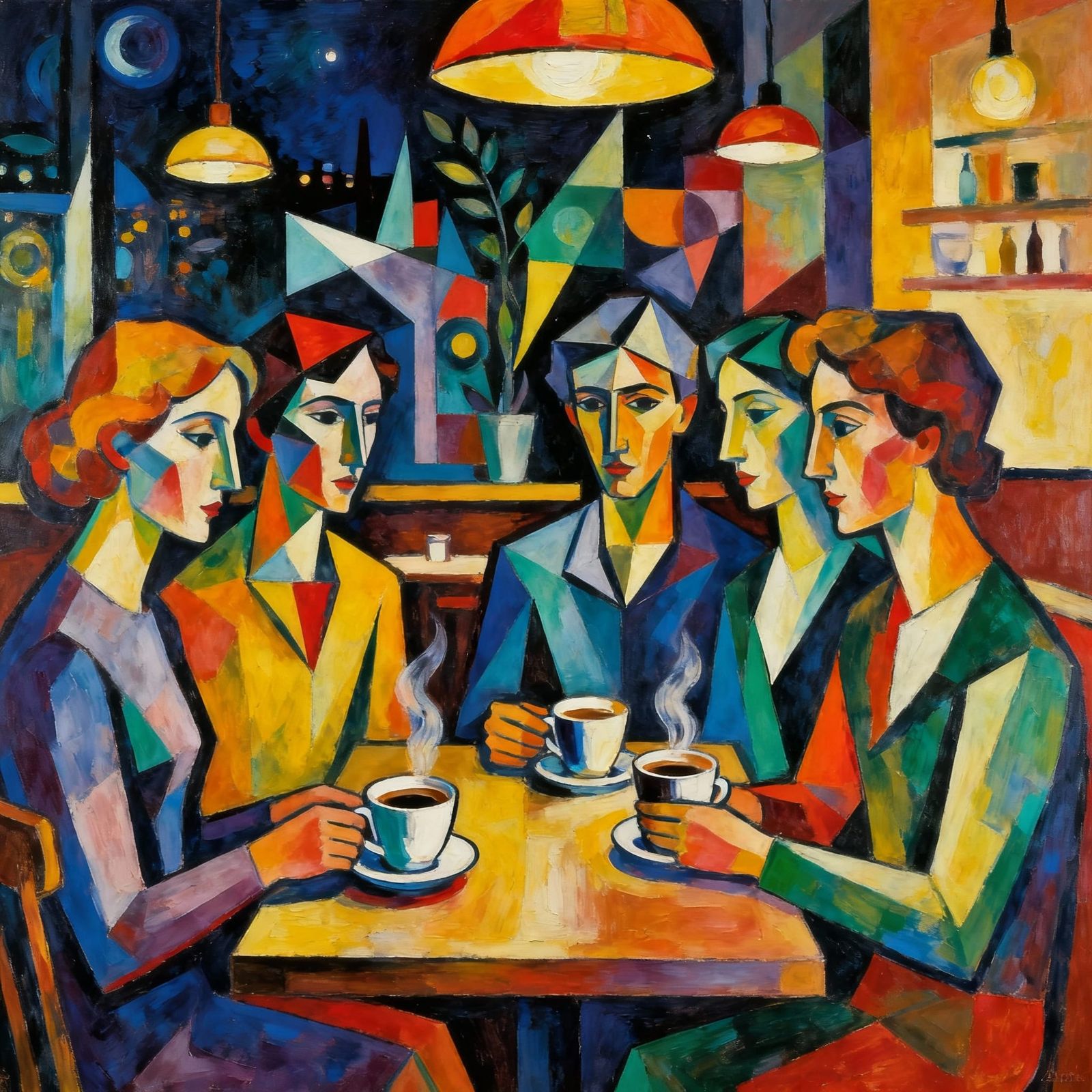 Friends Enjoying Coffee in Abstract Cafe Night Scene