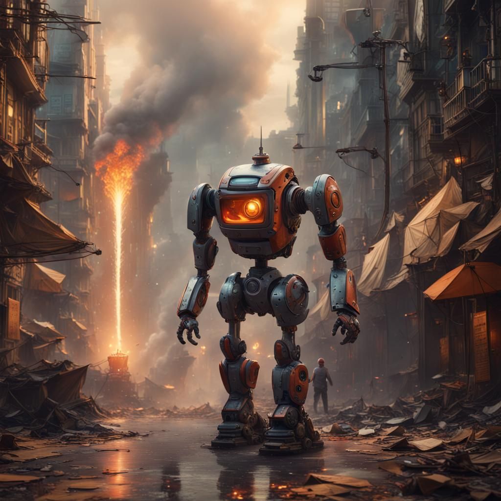 Robot in Polluted Cityscape: Detailed Matte Painting