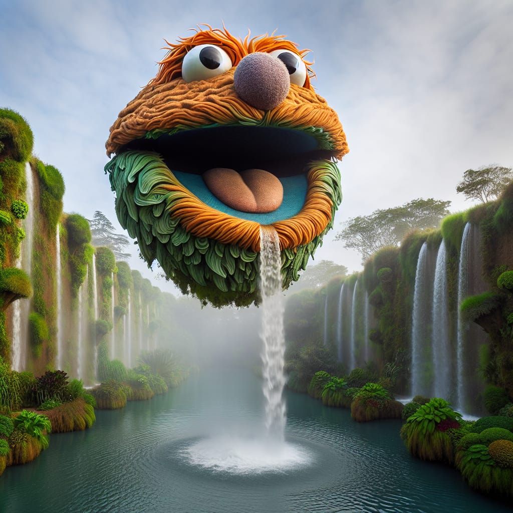 Friendly Muppet Monster Head Levitation in Surreal Landscape