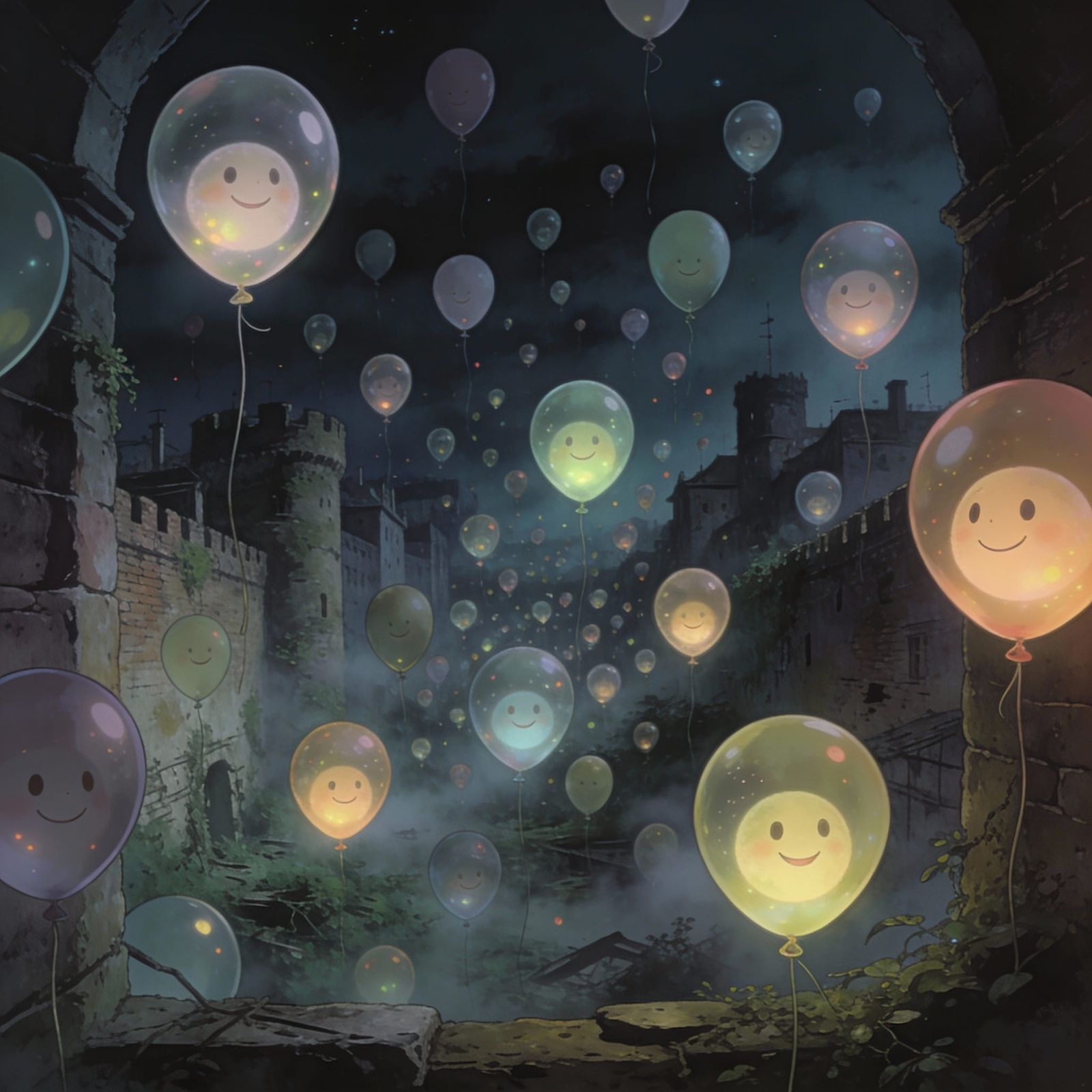 100 Smiling Balloons in Misty Abandoned City