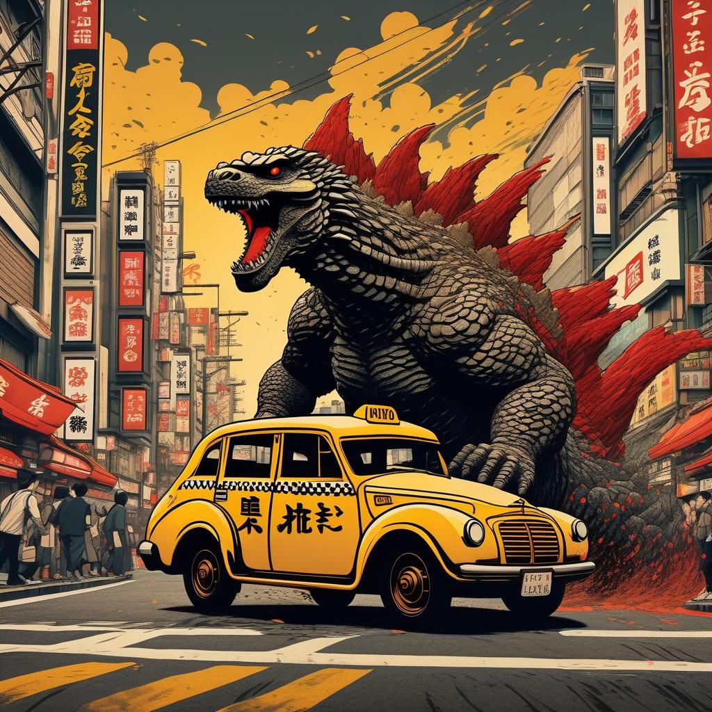 Godzilla in Tokyo: Ukiyo-e Woodblock Print Art
