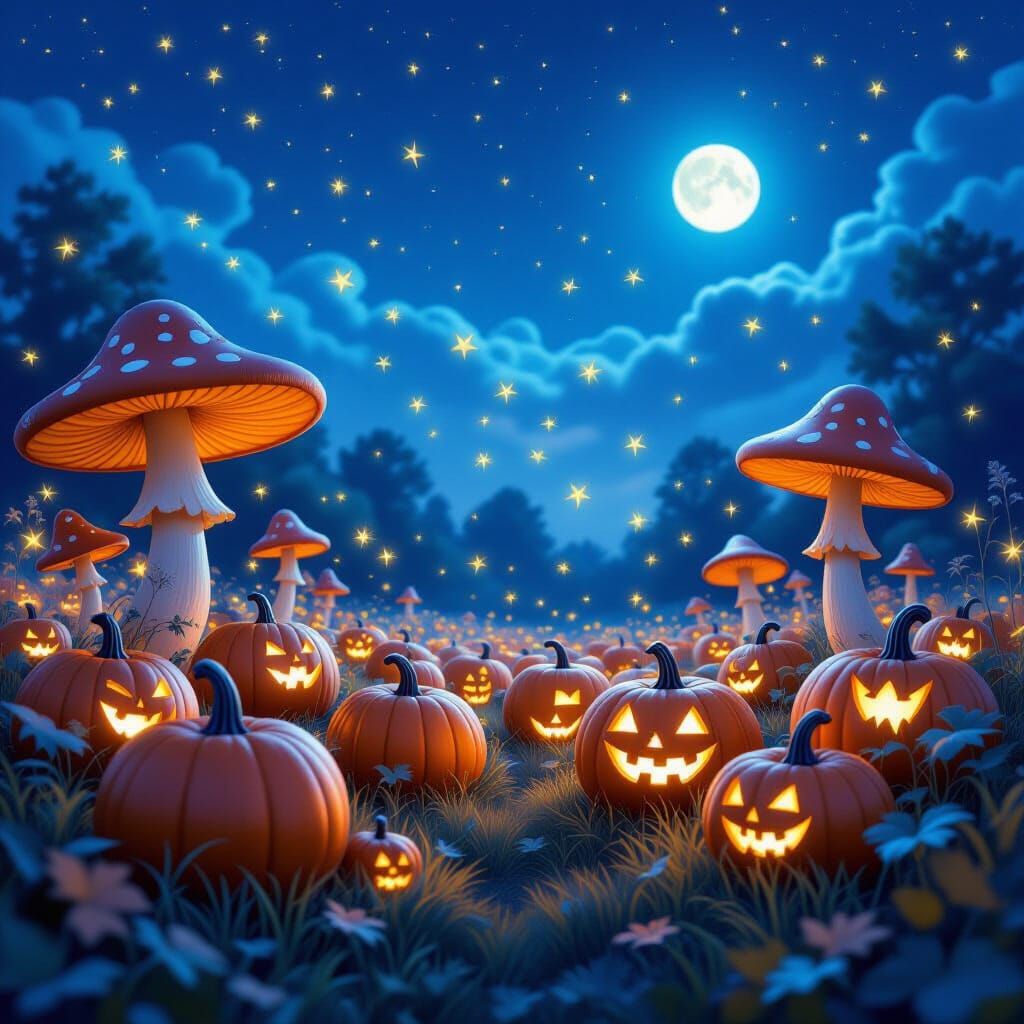 Whimsical Blue Pumpkins in Magical Twilight Patch