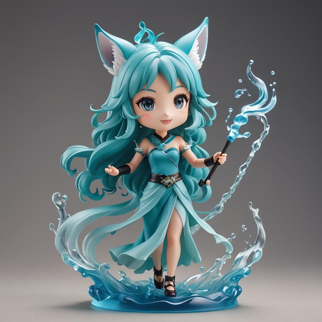 nendoroid of a cheerful anime cyan-haired idol girl with fox ears, long hair, flowing dress