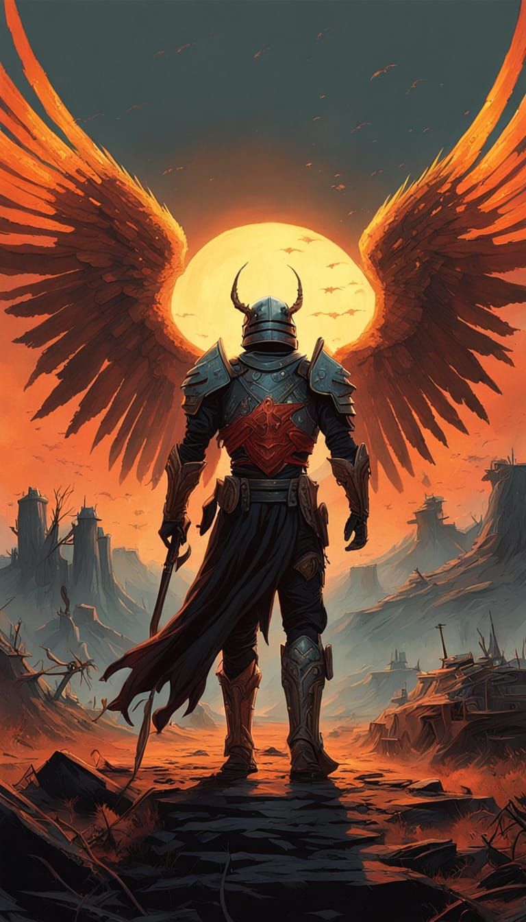 Epic Warrior Battling Hellish Forces with Metallic Wings