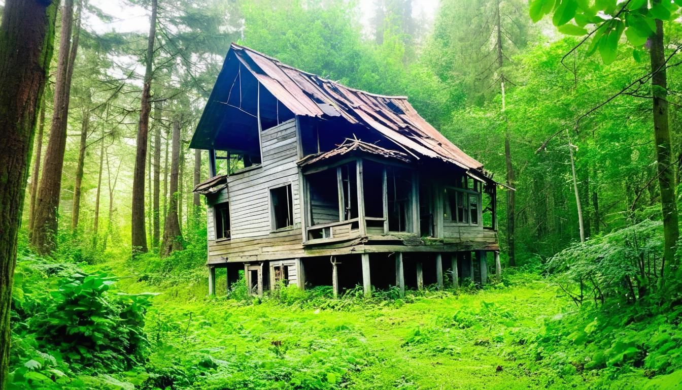 A rickety old house in a tiny clearing in the middle of the forest
