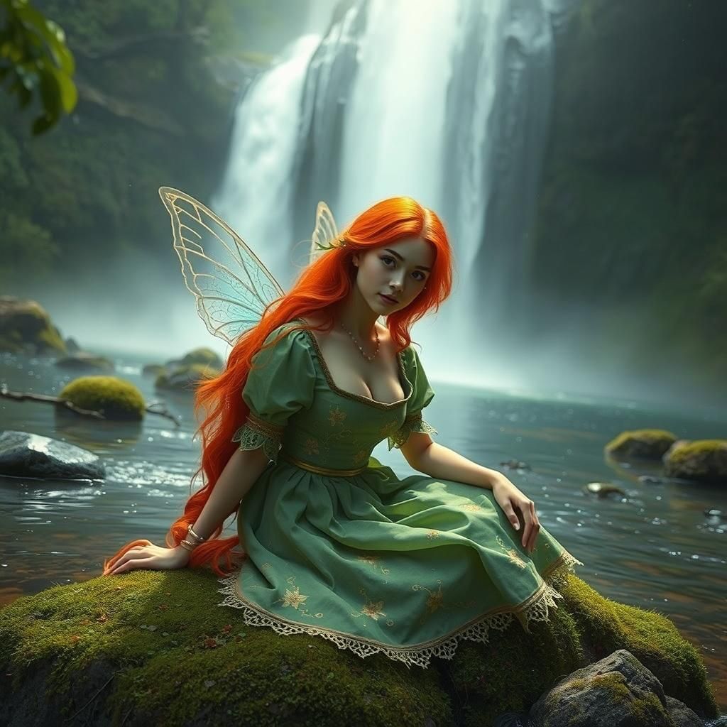 An exquisitely beautiful fiery red haired fairy with two iridescent, slightly luminous, butterfly wings. Her long red lo...
