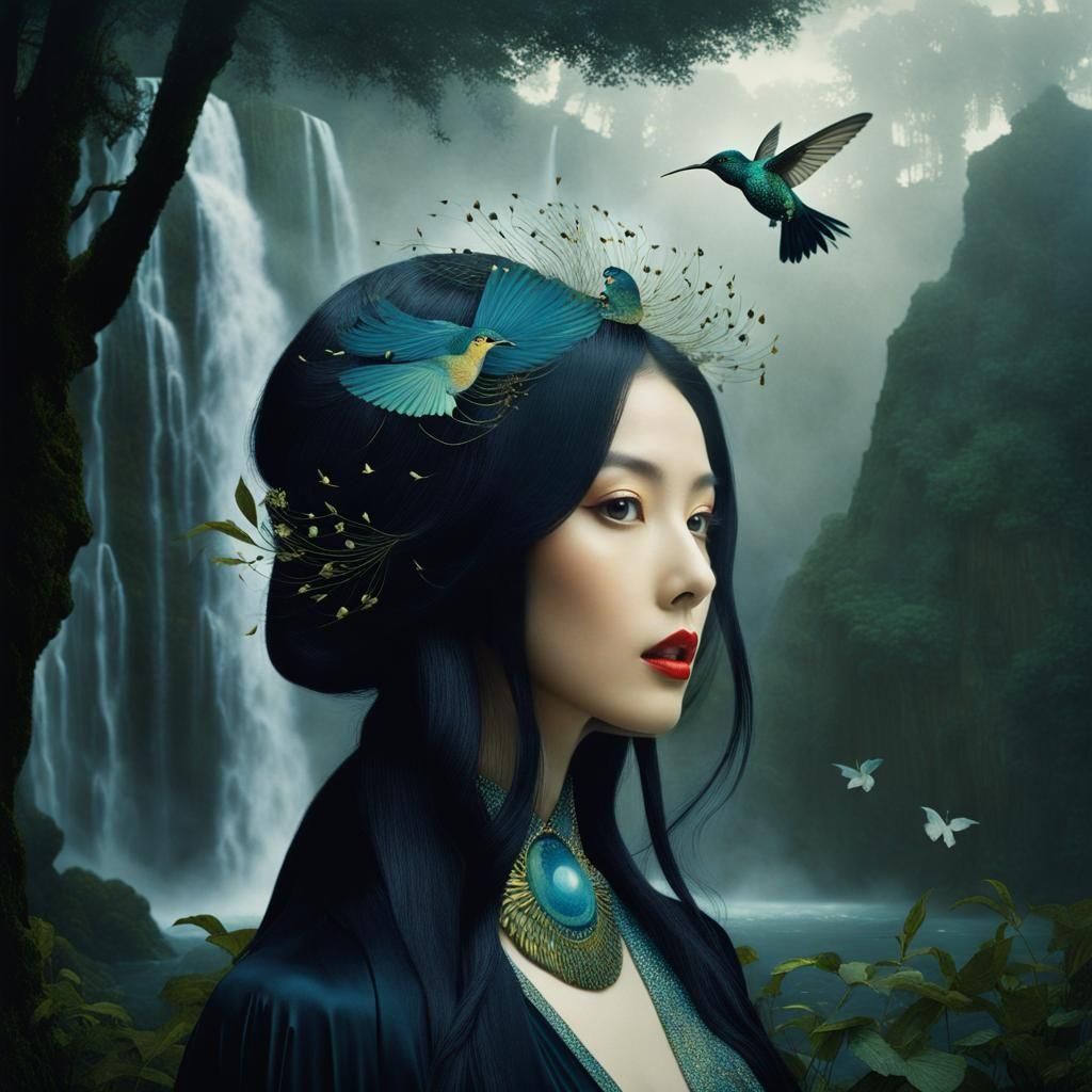 Surreal Goddess at Waterfall Double Exposure