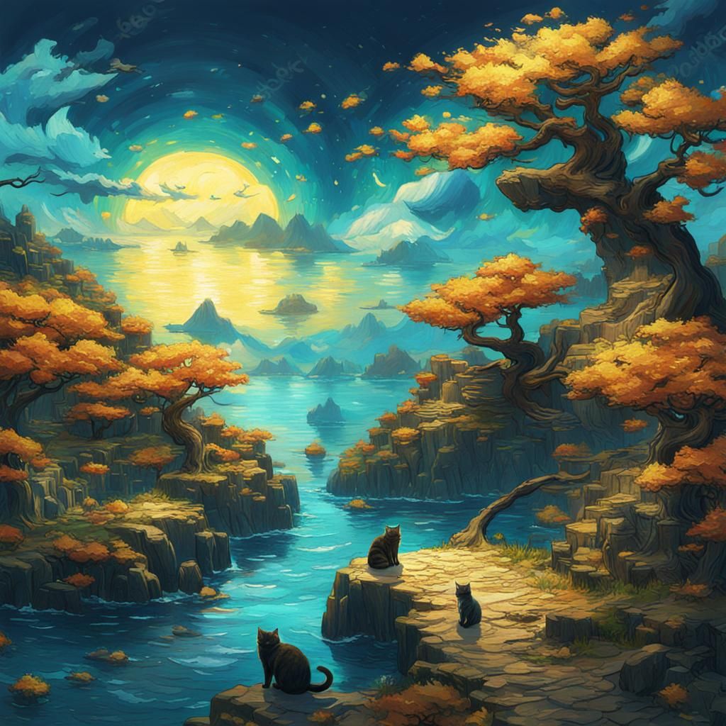 Cat Island Painting in Van Gogh Style