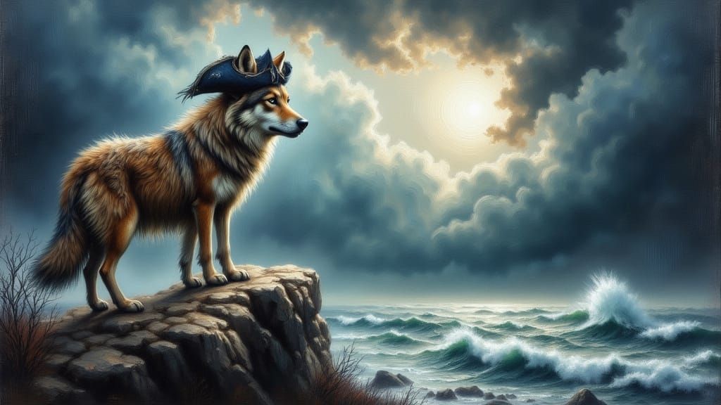 Lone Wolf Pirate on Stormy Cliff Oil Painting