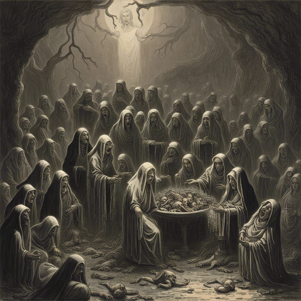 Horrific Nuns Feast in Hell, Engraving Style