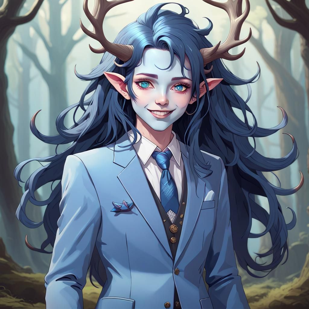 Cute Androgynous Demon in 80s Suit, Fantasy Art