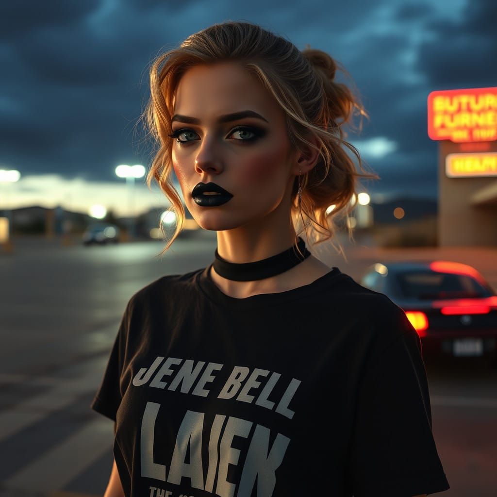 Margot  Robbie, Gothic make-up, black lipstick, black nail polish, Jiffy Park t-shirt from Seinfeld