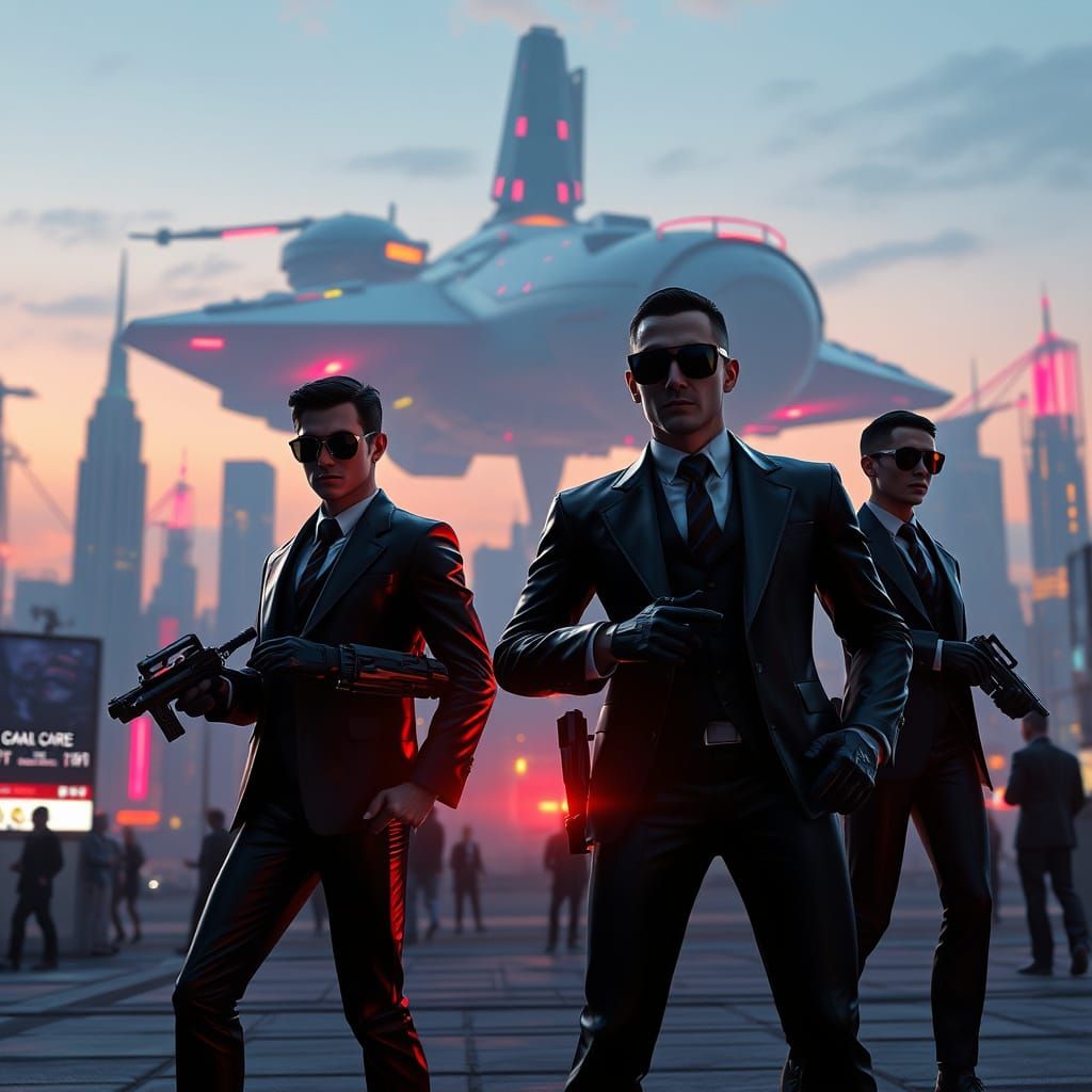 Men in Black Sci-Fi Agents in Neon Cityscape