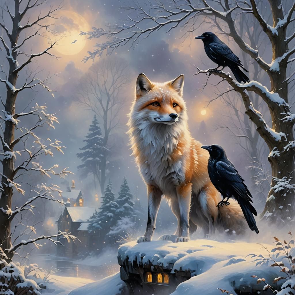 Snow Fox and Raven in Winter Storm