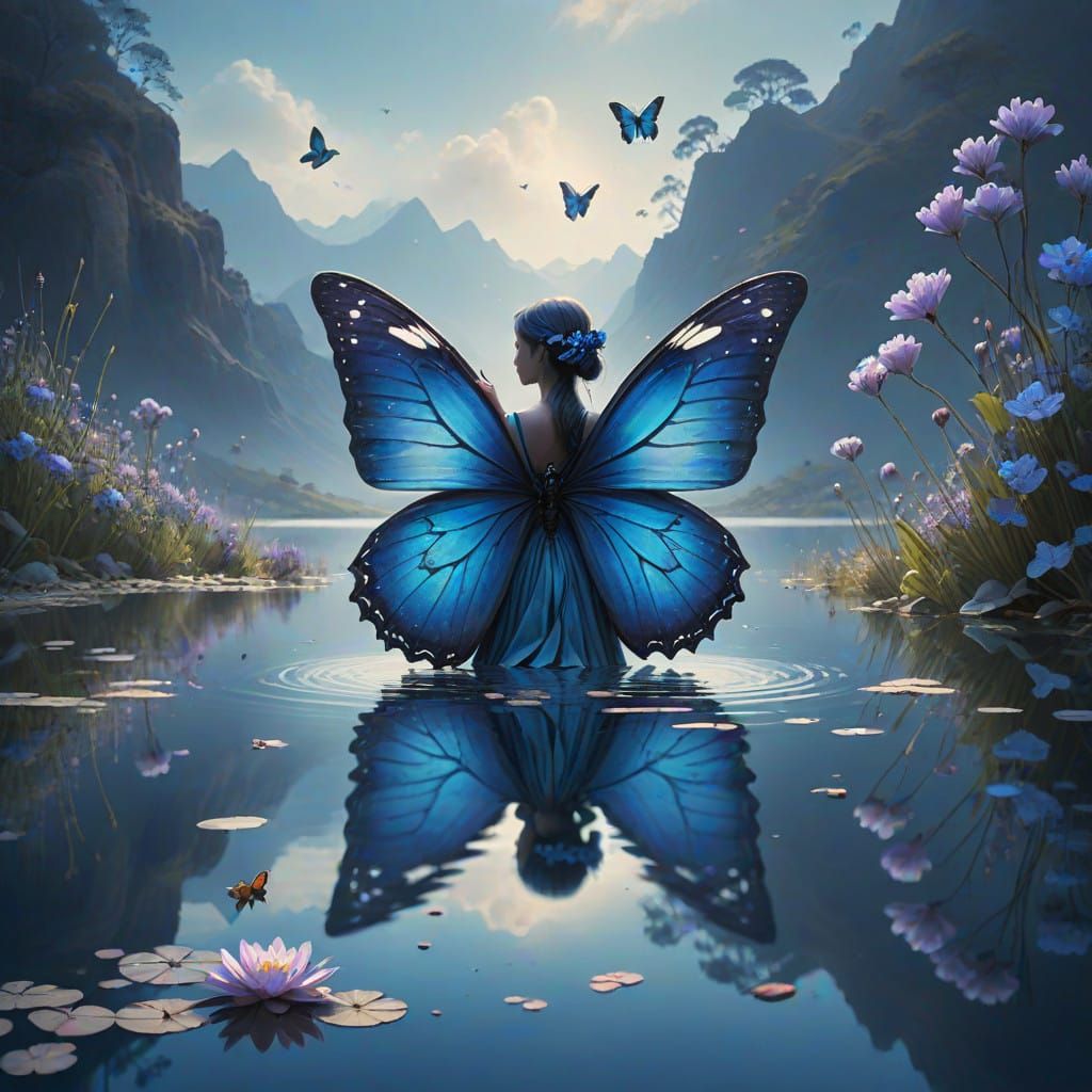 Ethereal Woman Surrounded by Indigo Blooms in a Dreamy Digit...