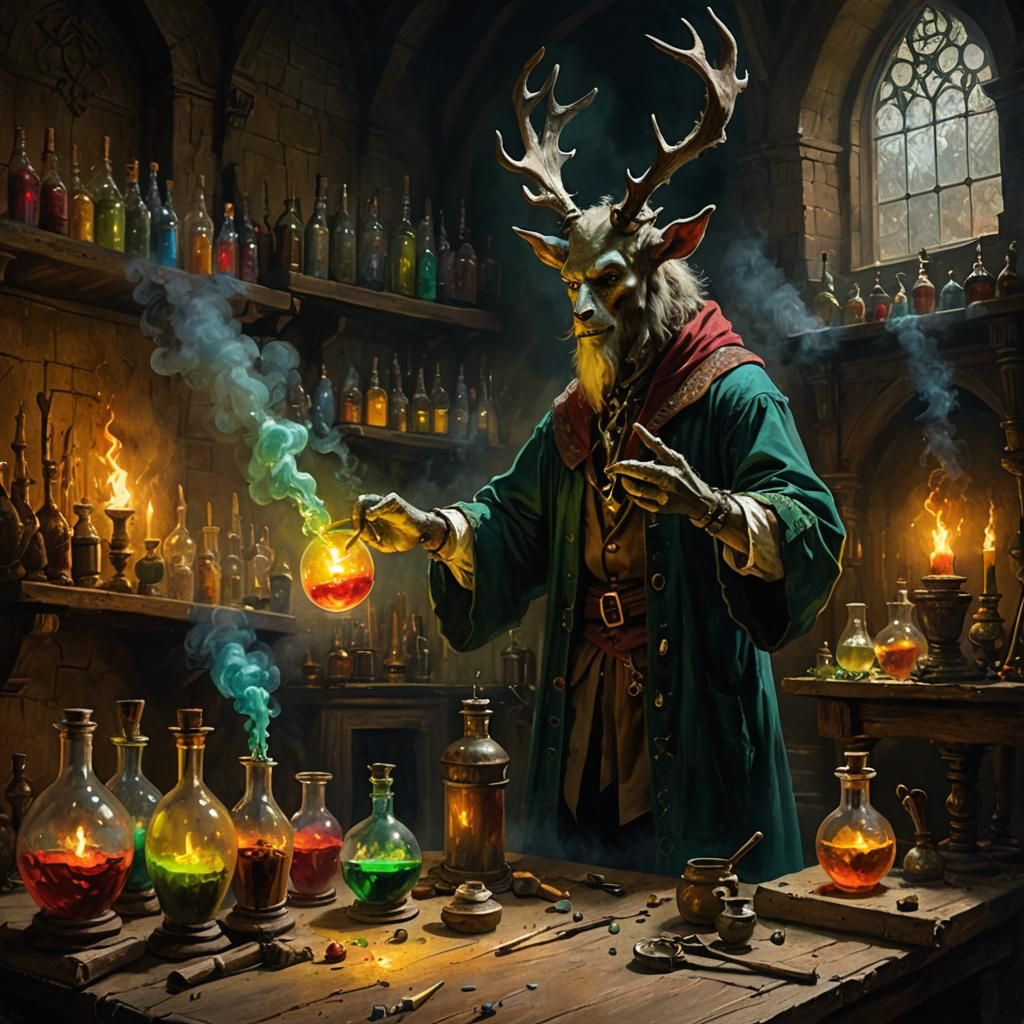 Wendigo Warlock's Colorful Potion Lesson as Oil Painting