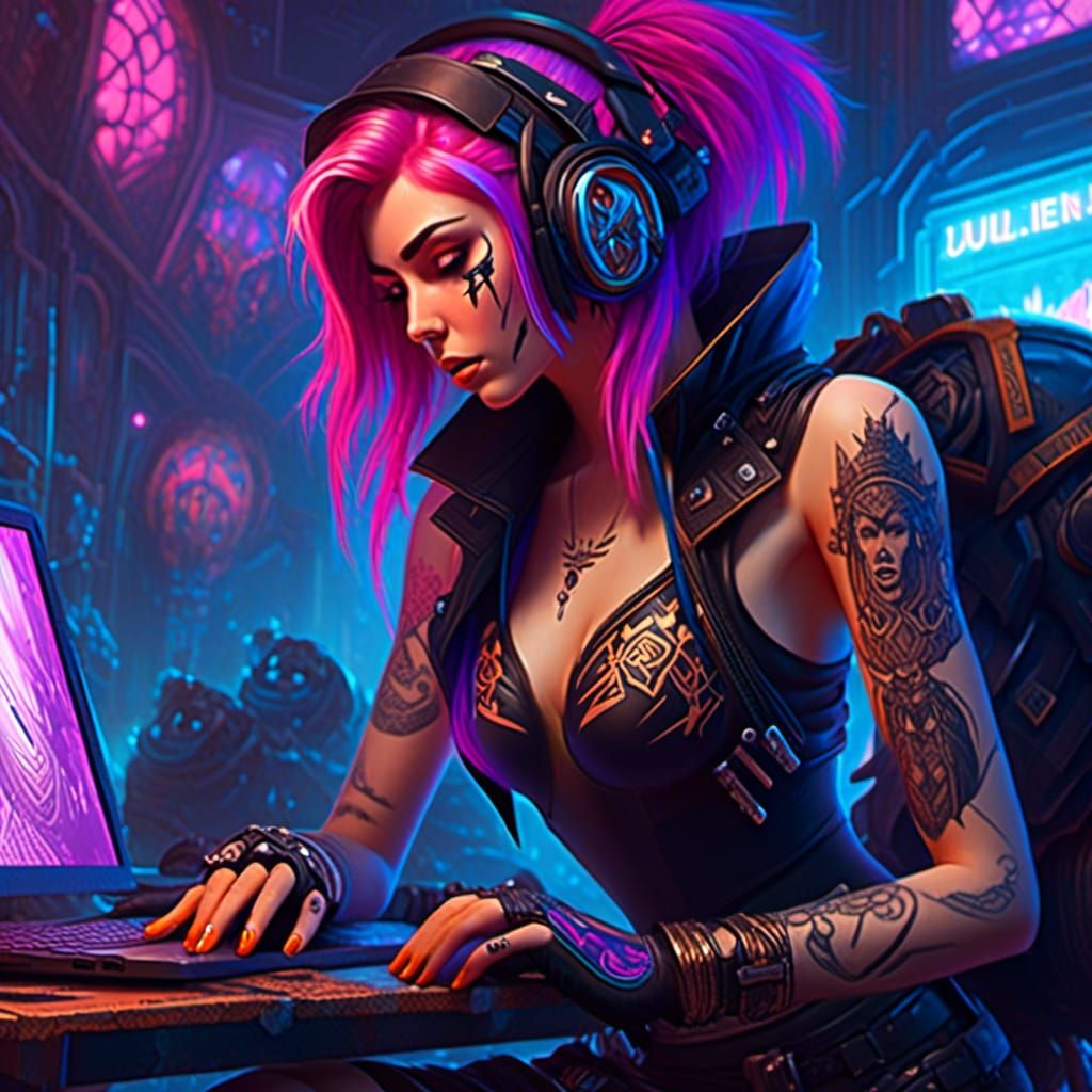 Cyberpunk Tattoo Artist at Laptop, Fantasy Art