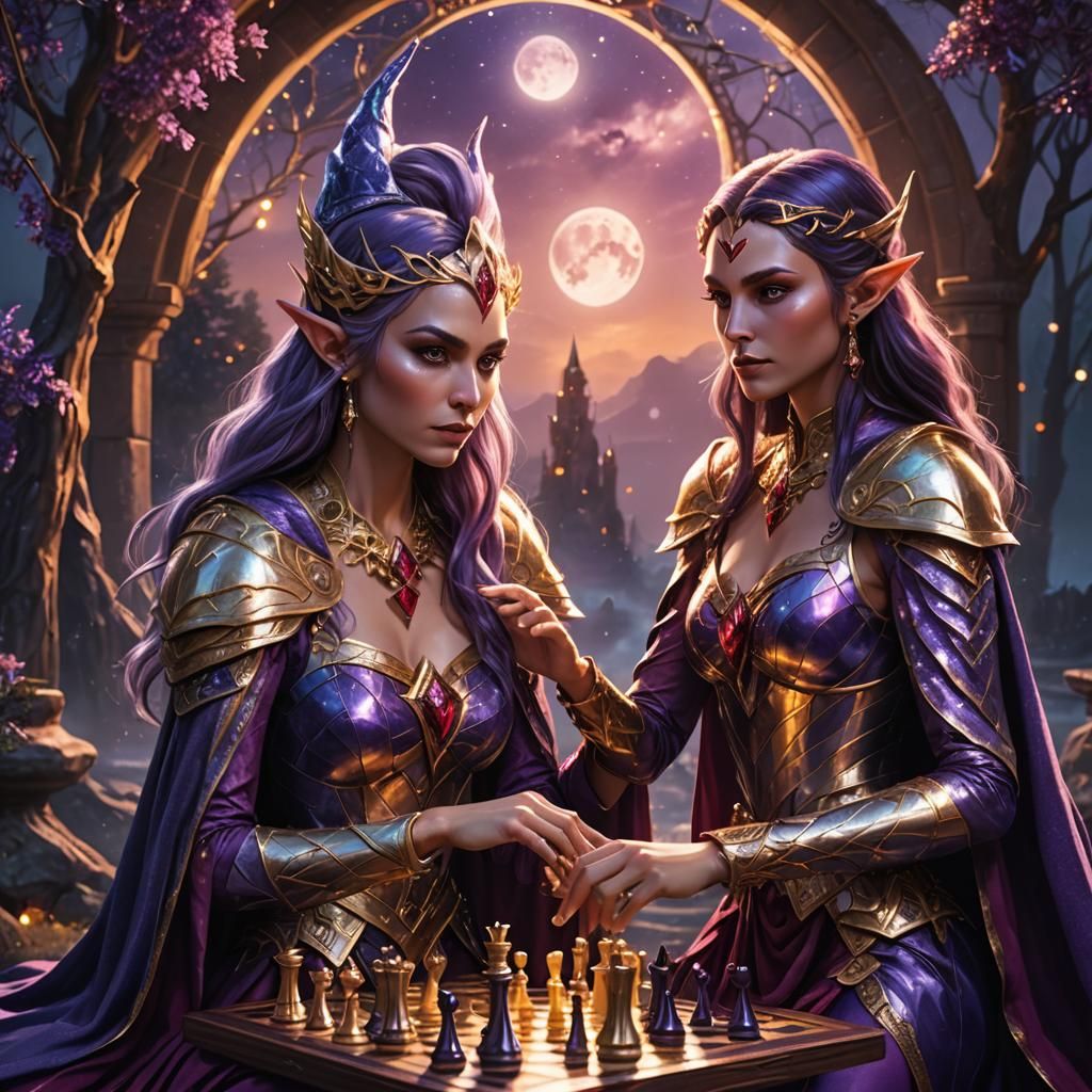 Elven Goddesses Play Chess in Fantasy Art Style