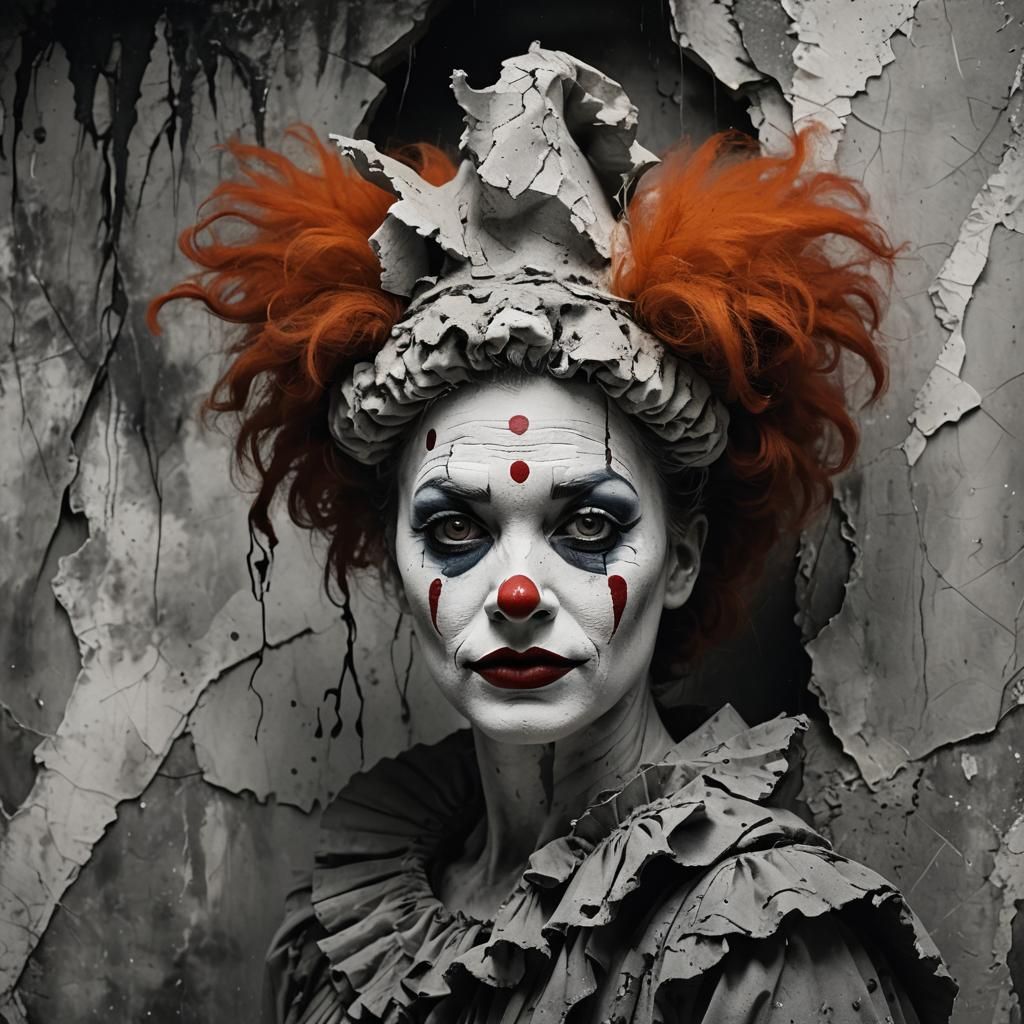 Grayscale Clown Portrait in Abstract Expressionism Style