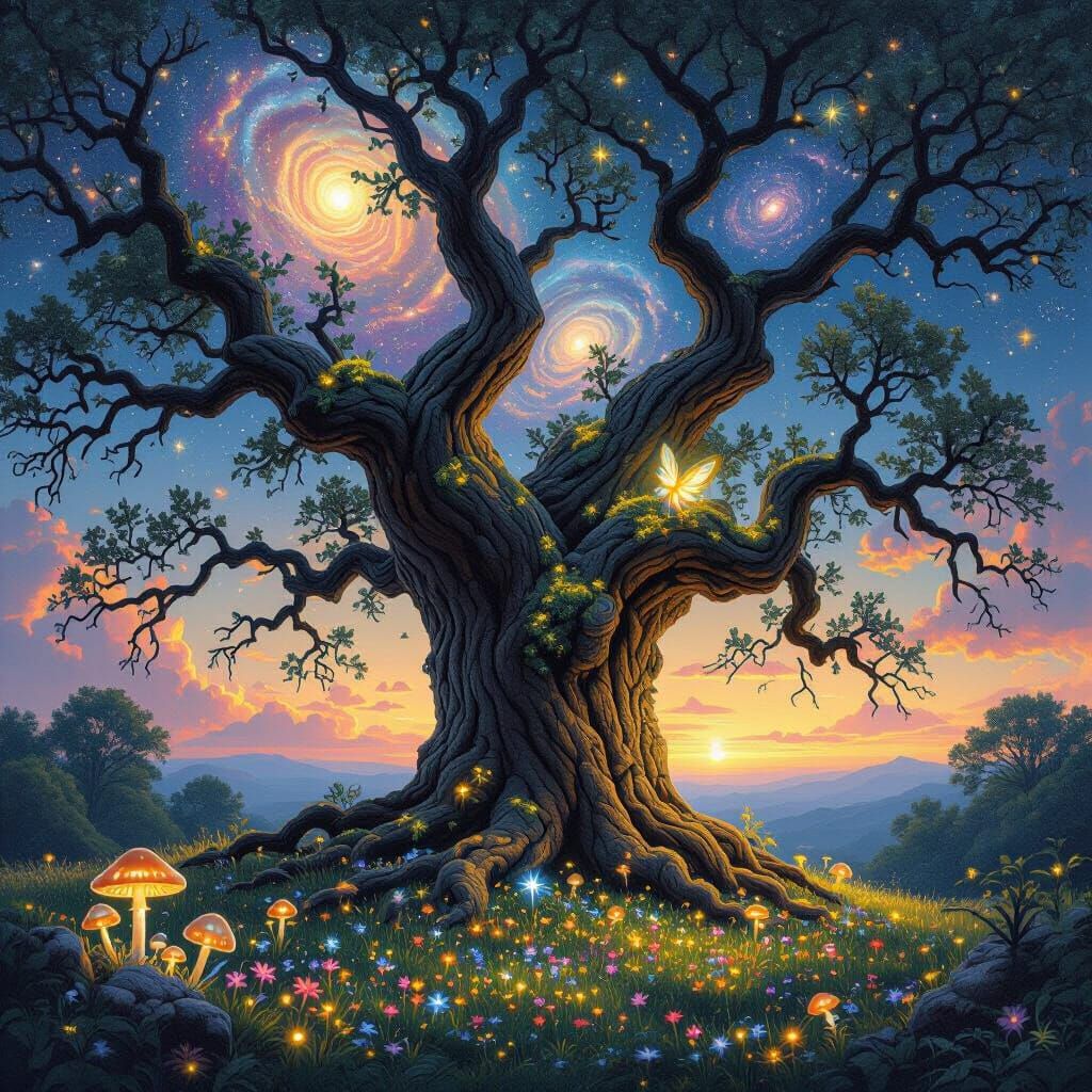 Cosmic Oak Tree in a Fantasy Landscape