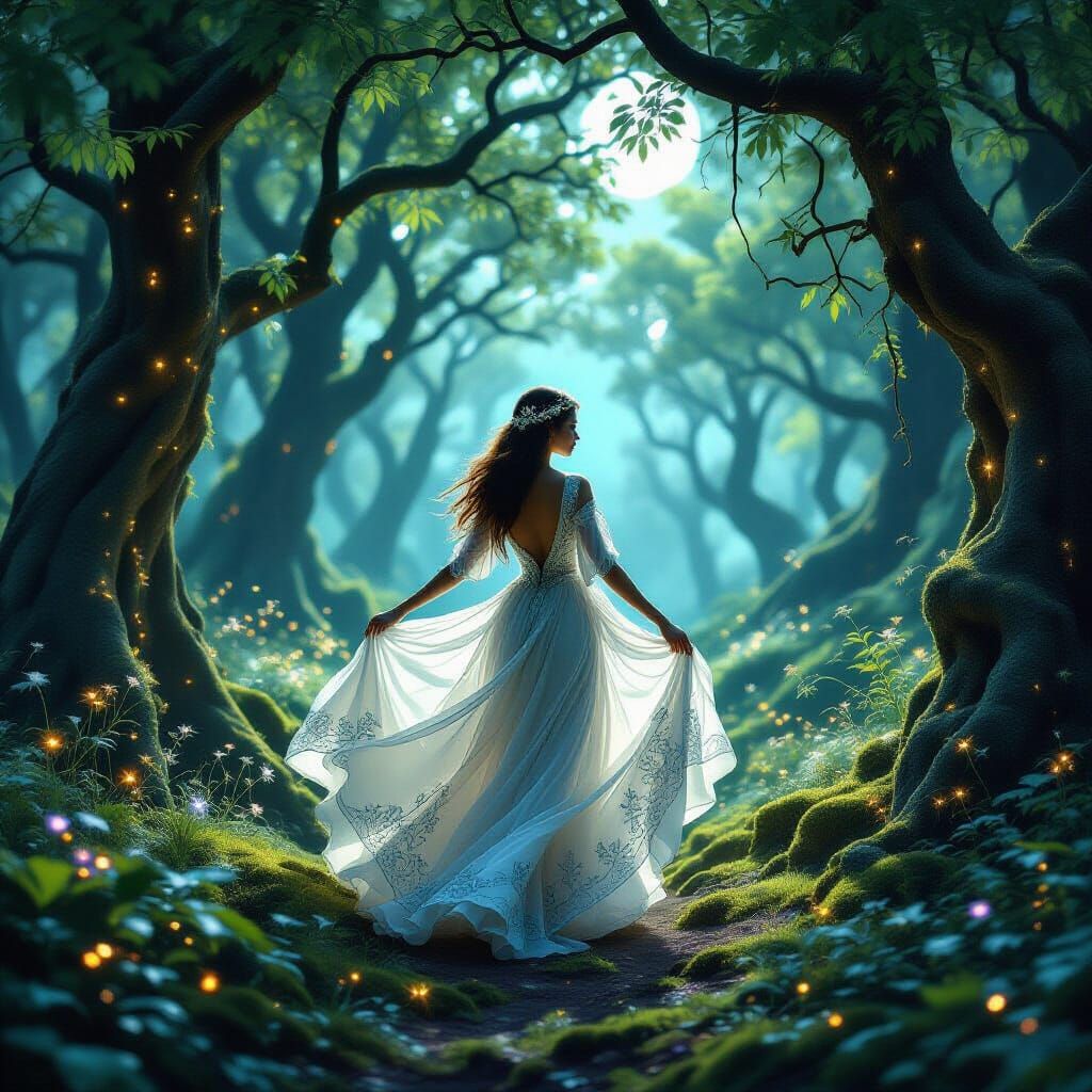Bioluminescent Grove: Ethereal Dancer in Hyperreal Style