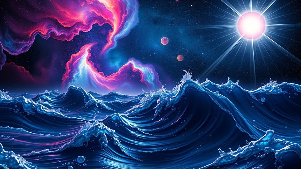 Galactic Nebula with Turbulent Oceanic Landscape in Hyper-Re...