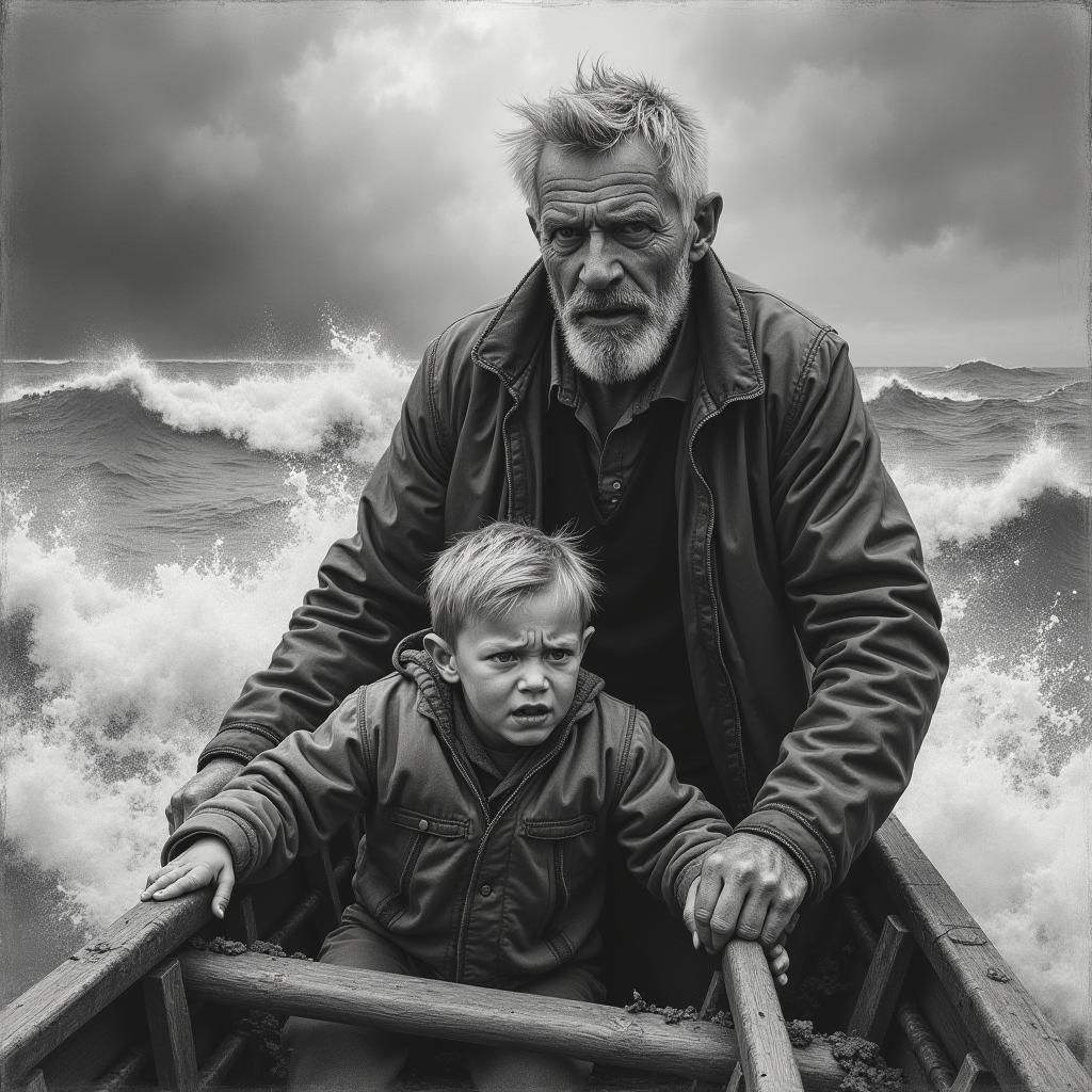 Father and Son Brave Stormy Seas: Charcoal Drawing