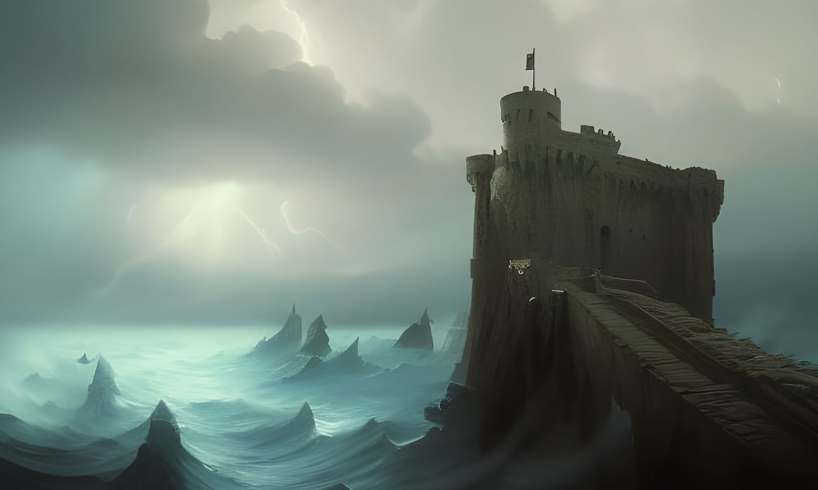 Stormy Castle Cliffside Fantasy Art in 8K