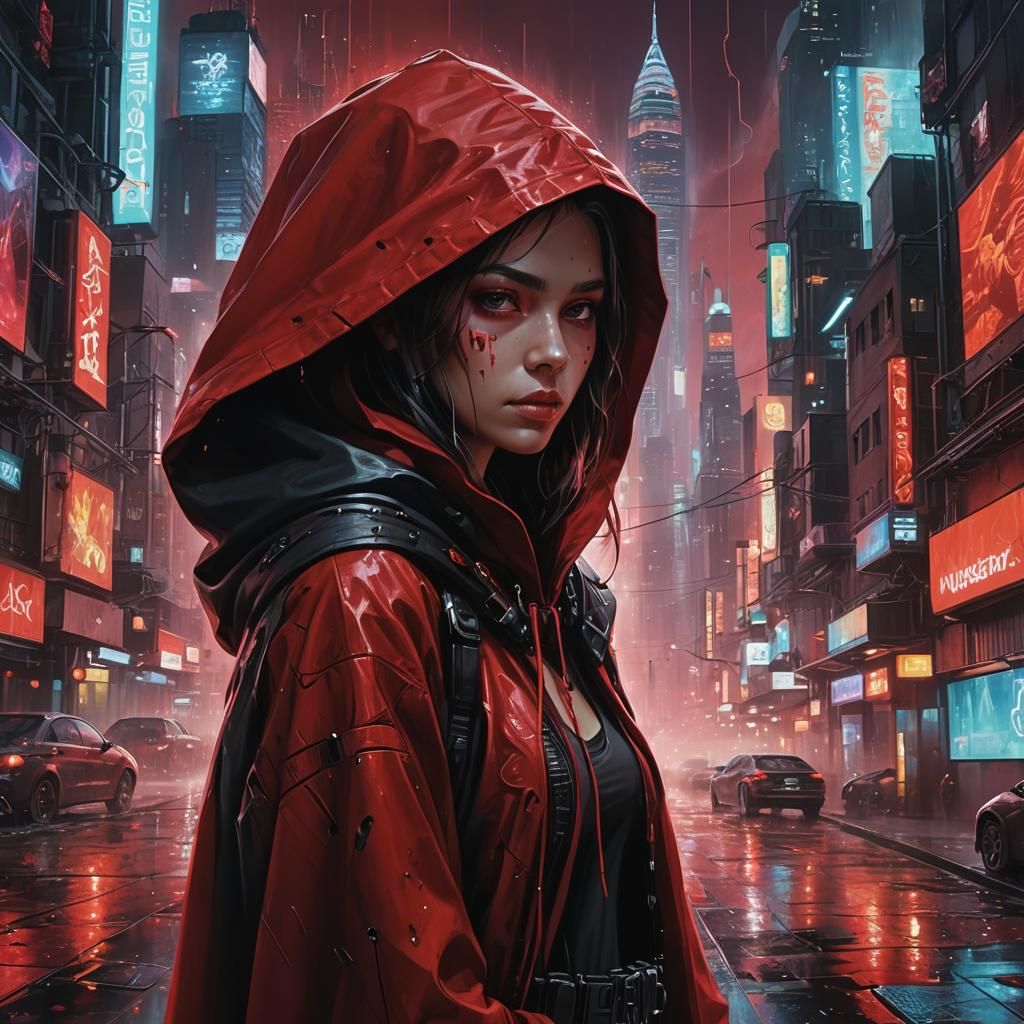 Biopunk Girl in Cyberpunk City: Acrylic Painting