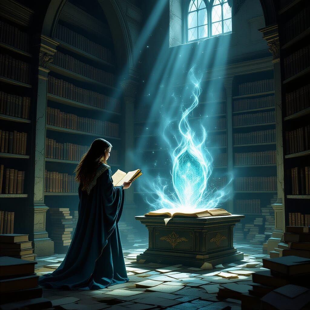 Sorceress Studies Ancient Scrolls in Glowing Library