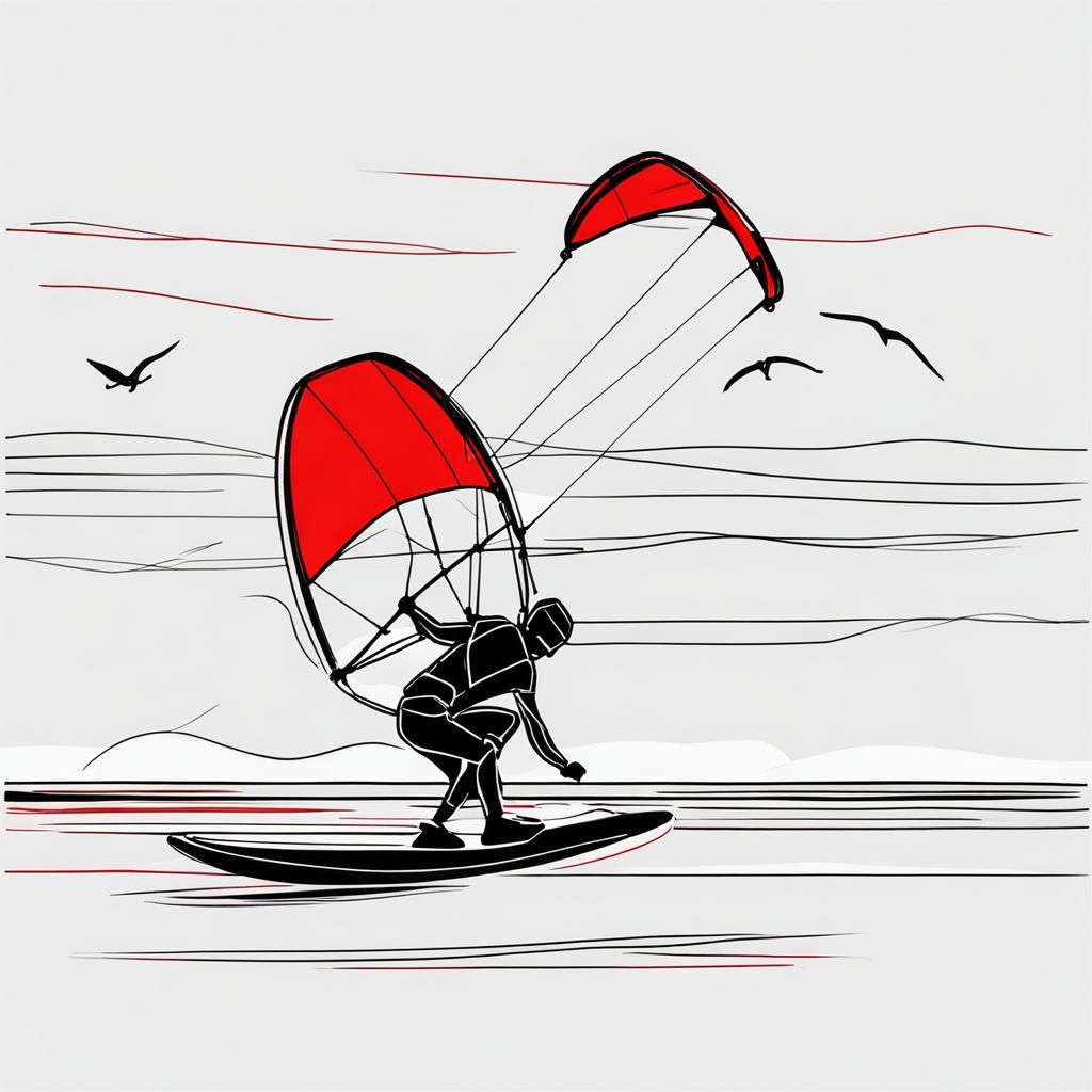 Minimalist Kite-Surfing Sketch in Red, Black and White