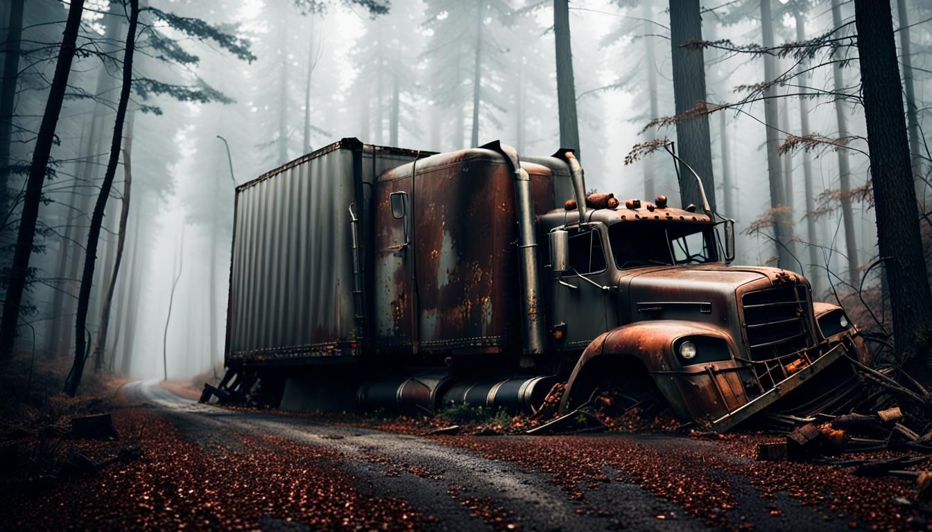 Silent Hill Horror: Crashed Truck in Dystopian Forest