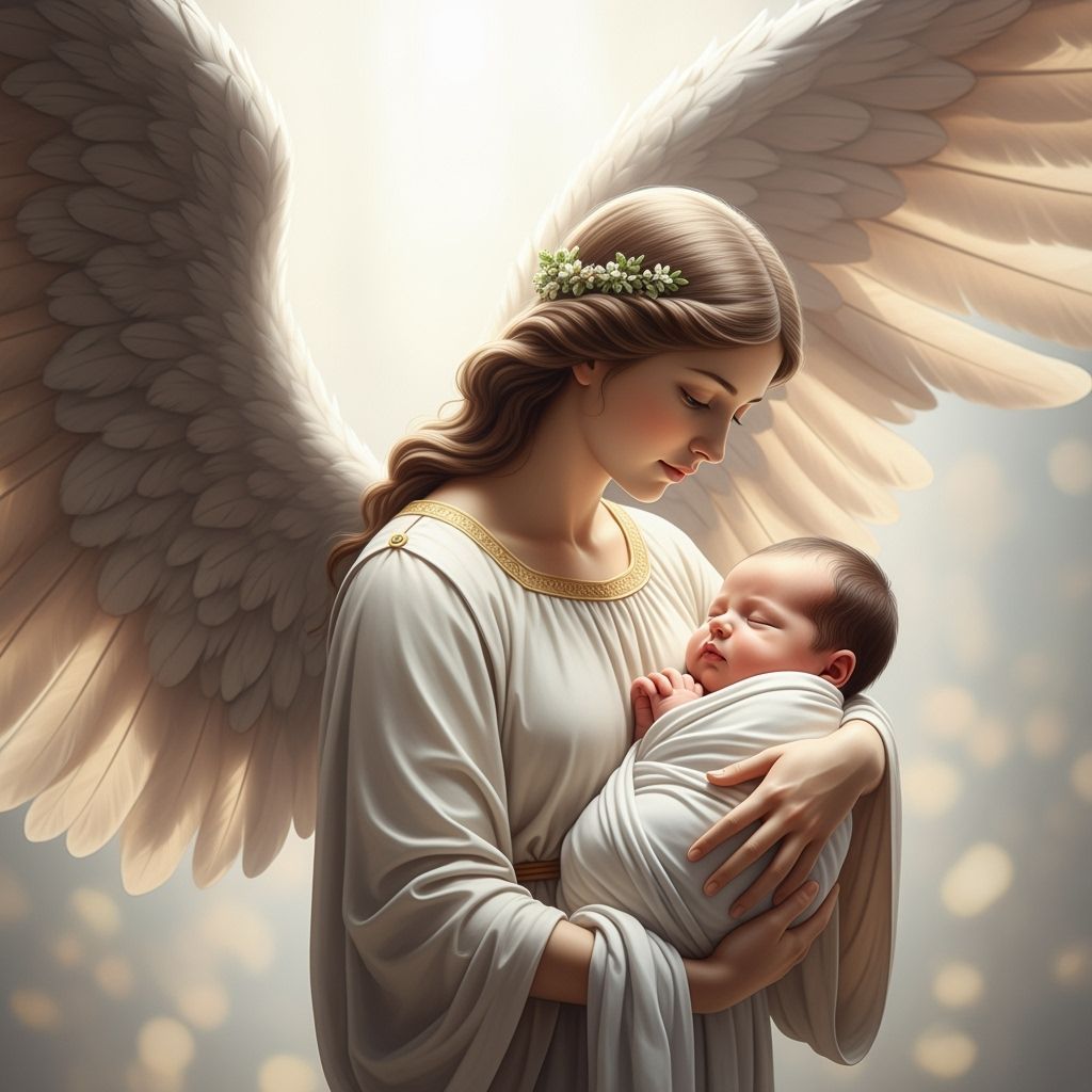 Ethereal Angel Tenderly Holding Newborn Baby