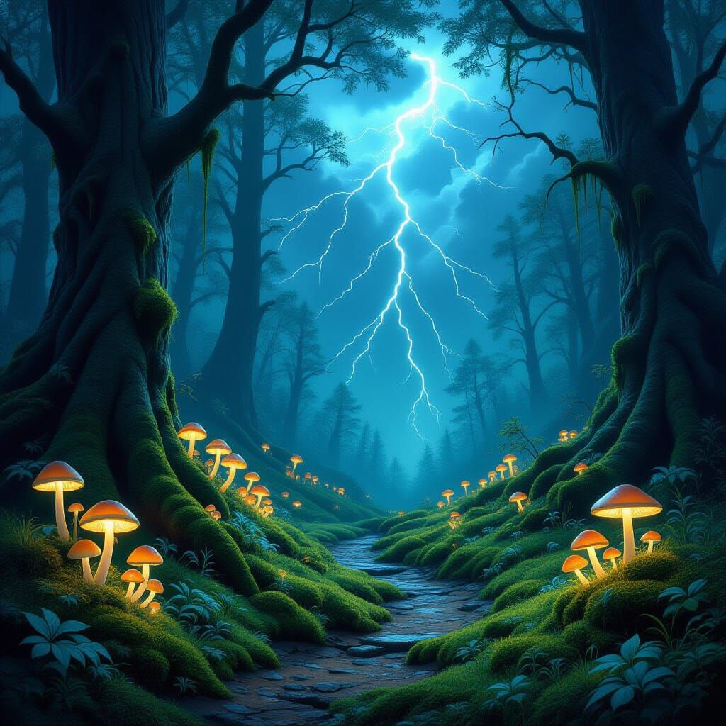Mystical Forest Path Under Lightning Sky