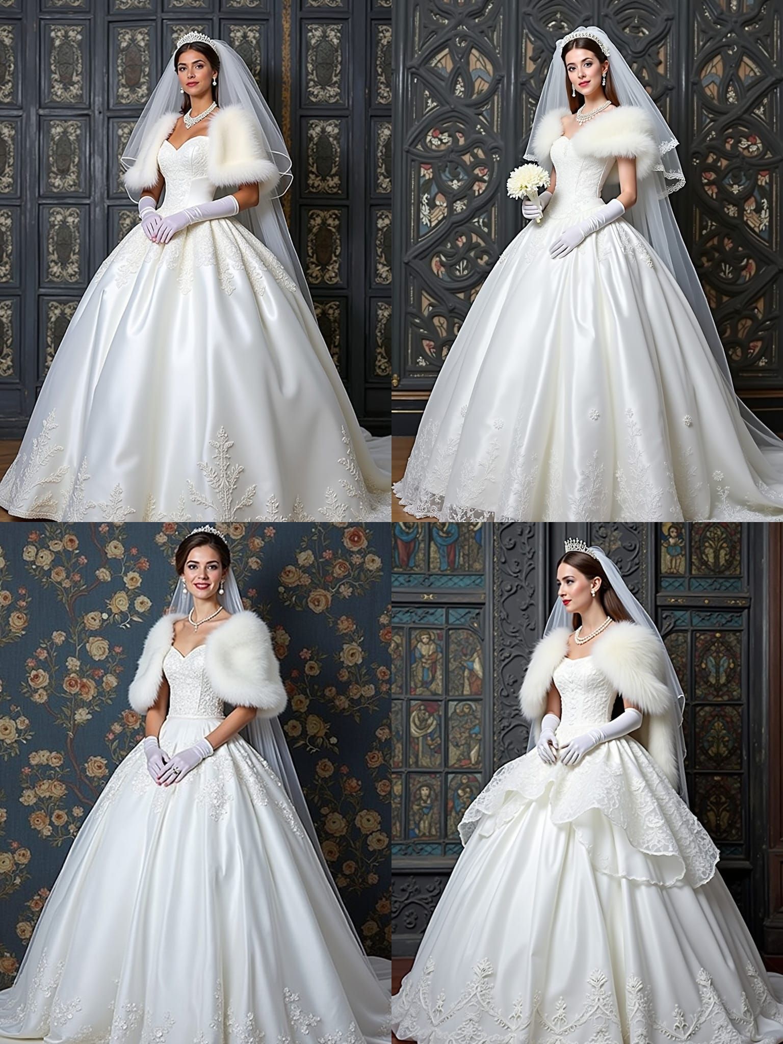 Bride in White Satin Wedding Dress with Pearls