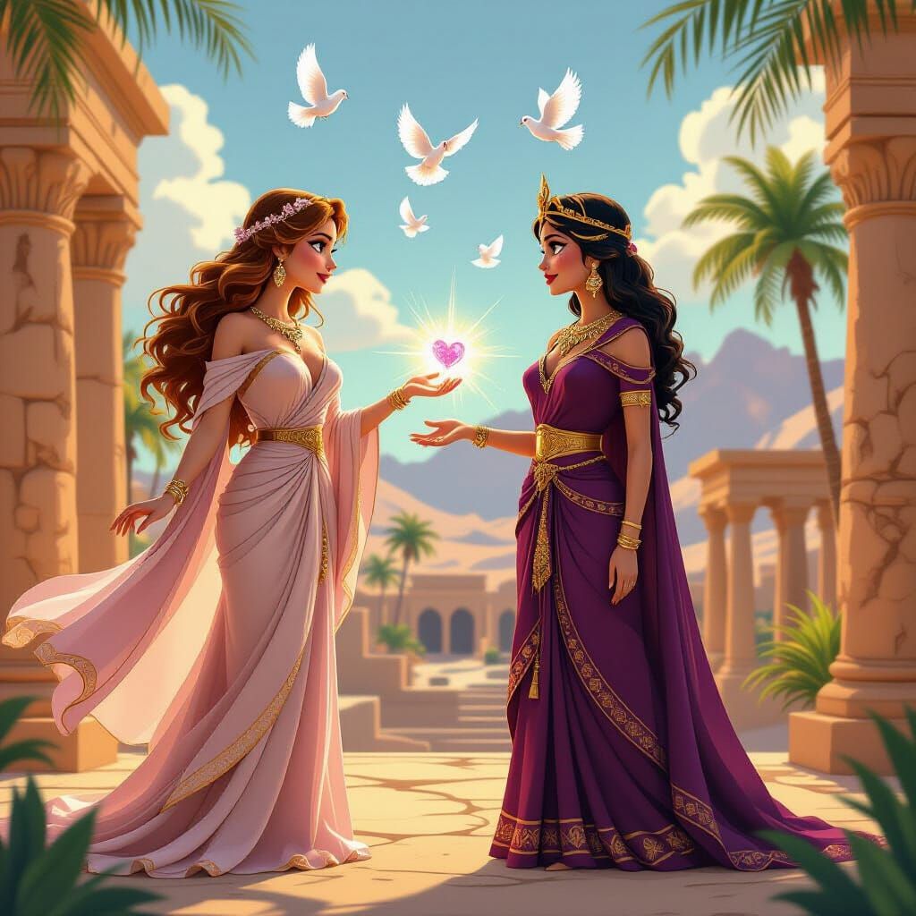 Aphrodite and Dido Meet: A Pixar-Style Illustration