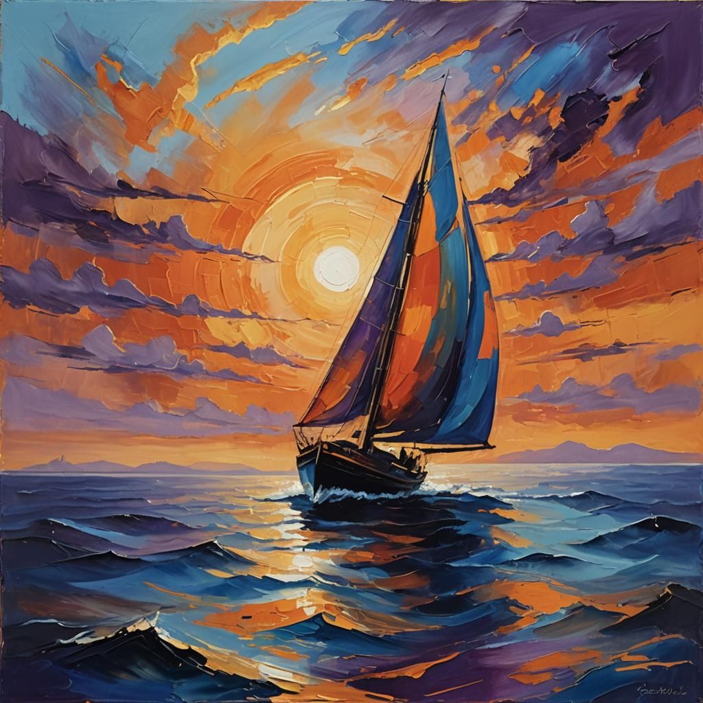 Sailboat Sunset in Abstract Expressionist Style