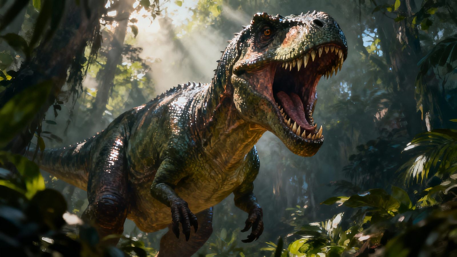 Ferocious T-Rex Roaring in Jungle, Hyperrealistic Digital Ar...