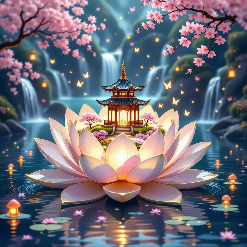 Crystal Lotus Garden with Fairies and Pagoda