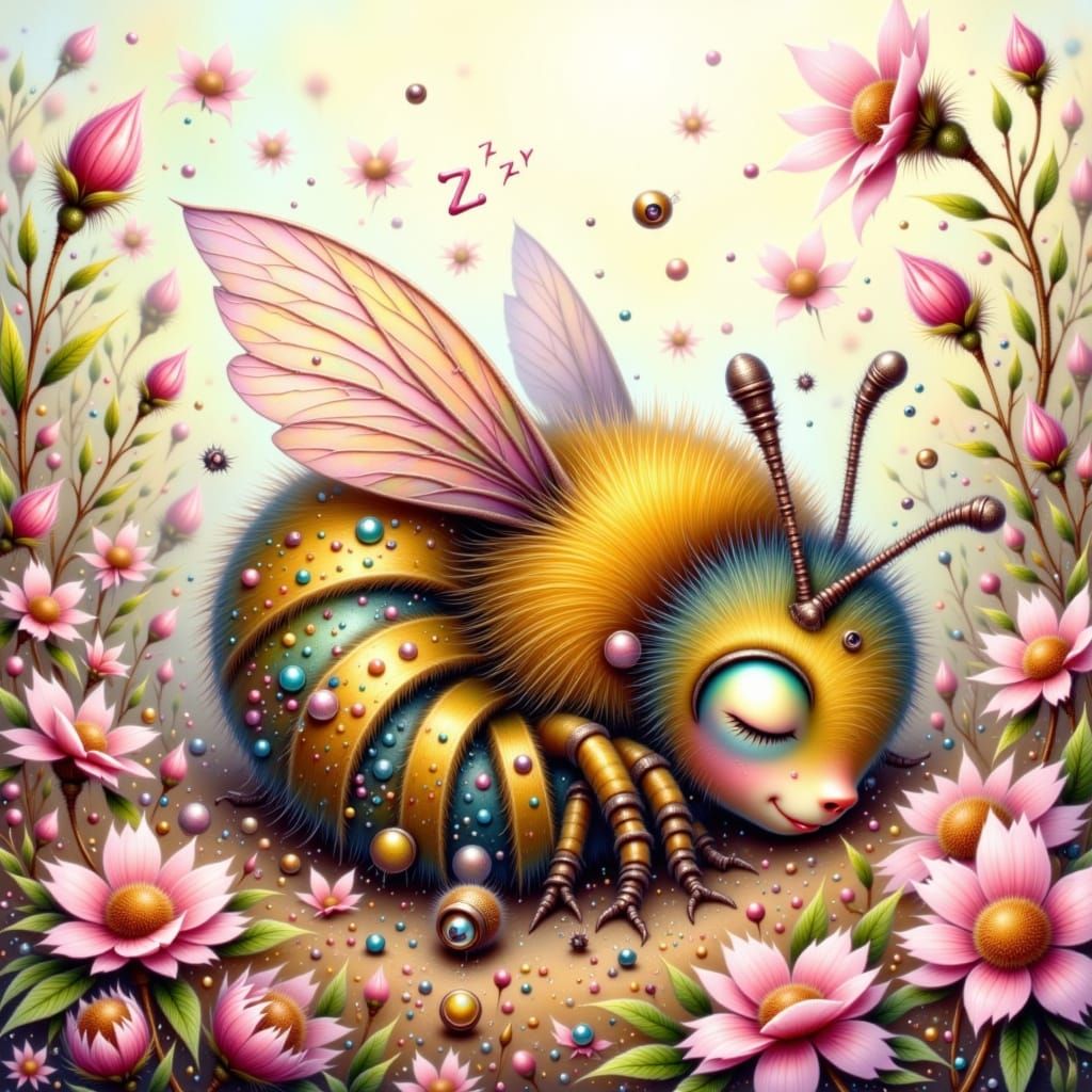 Sleepy Bee in Floral Meadow, Watercolor Illustration