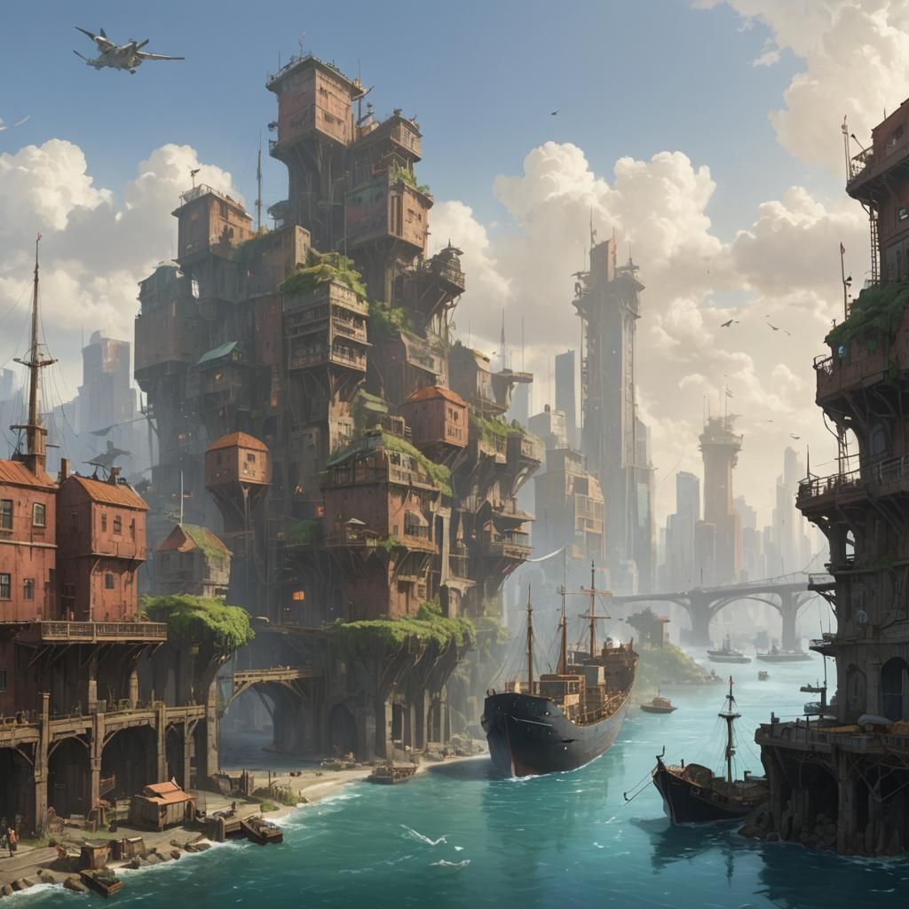 Island City Concept Art with Cargo Ships